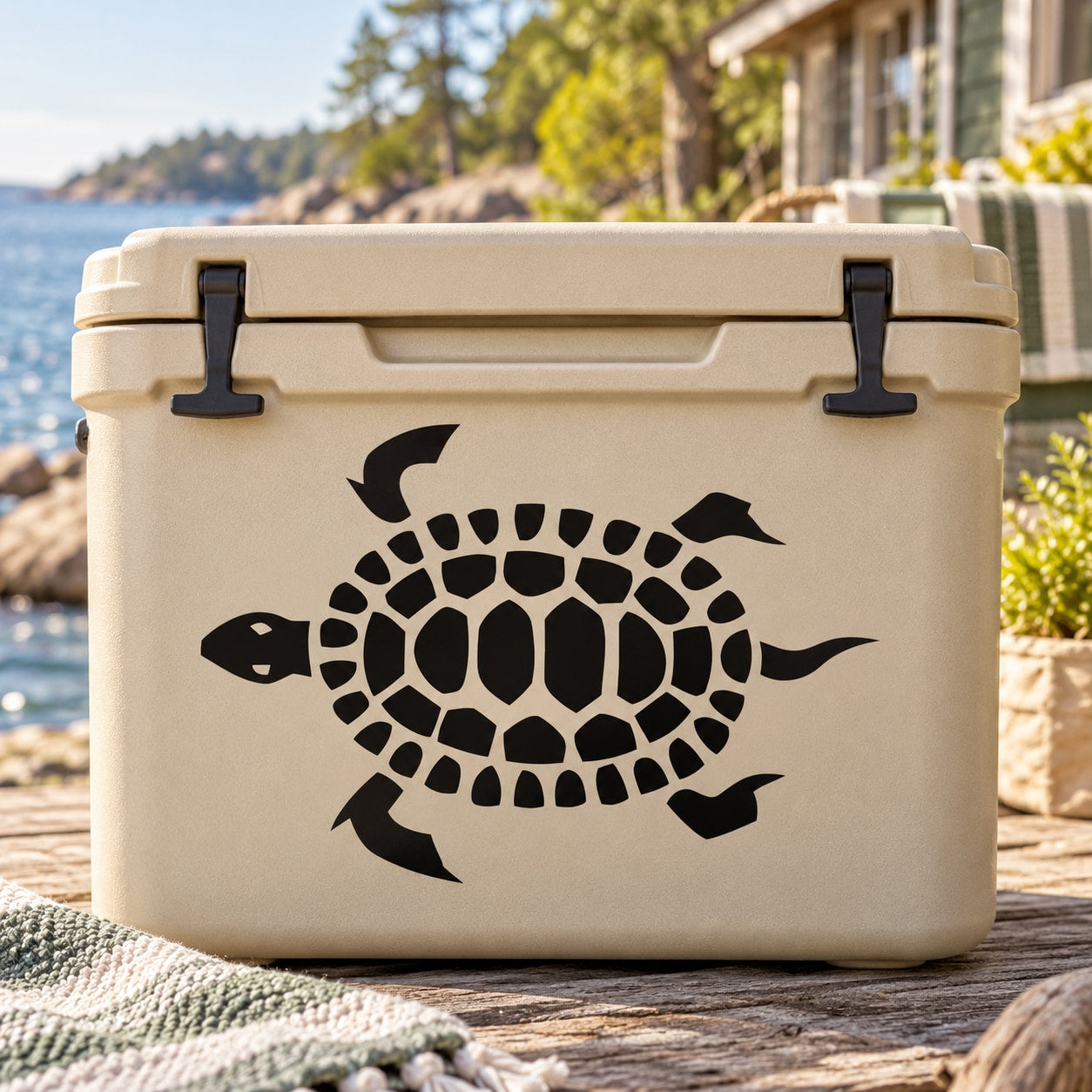 Black sea turtle decal with detailed shell pattern on a light background