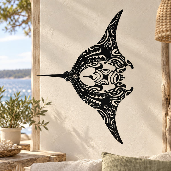 Manta ray wall decal with intricate black line art silhouette