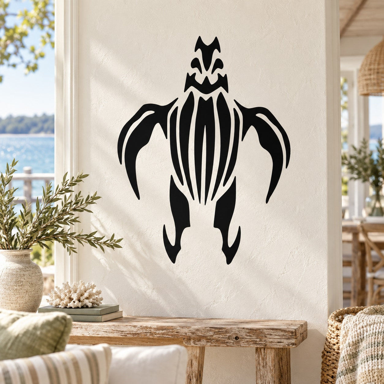 Black sea turtle wall decal with striped shell and flippers on a white background