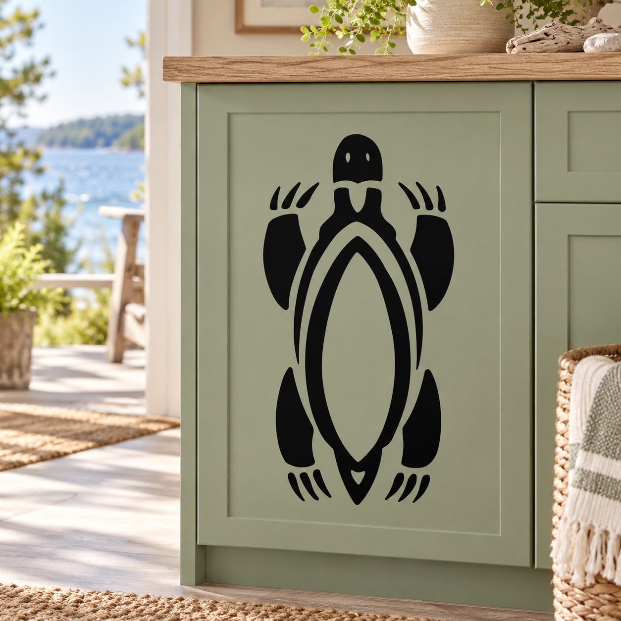 Black turtle silhouette wall decal with round back design
