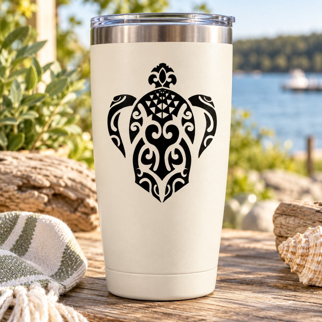 Sea turtle decal on white tumbler with clear lid