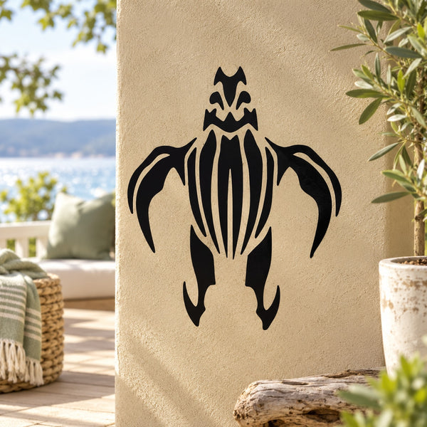 Black turtle silhouette decal with tribal style lines