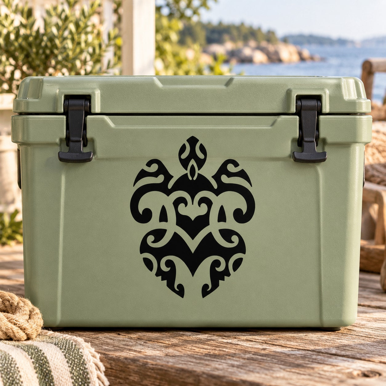 Abstract sea turtle decal sticker in black on a light green cooler front