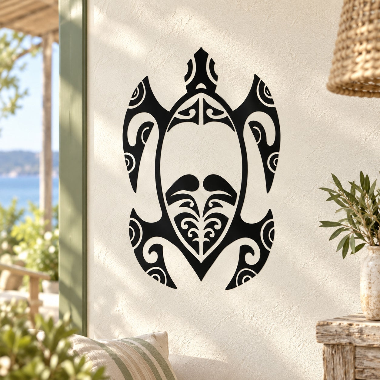 Black sea turtle tribal decal with ornate swirl details