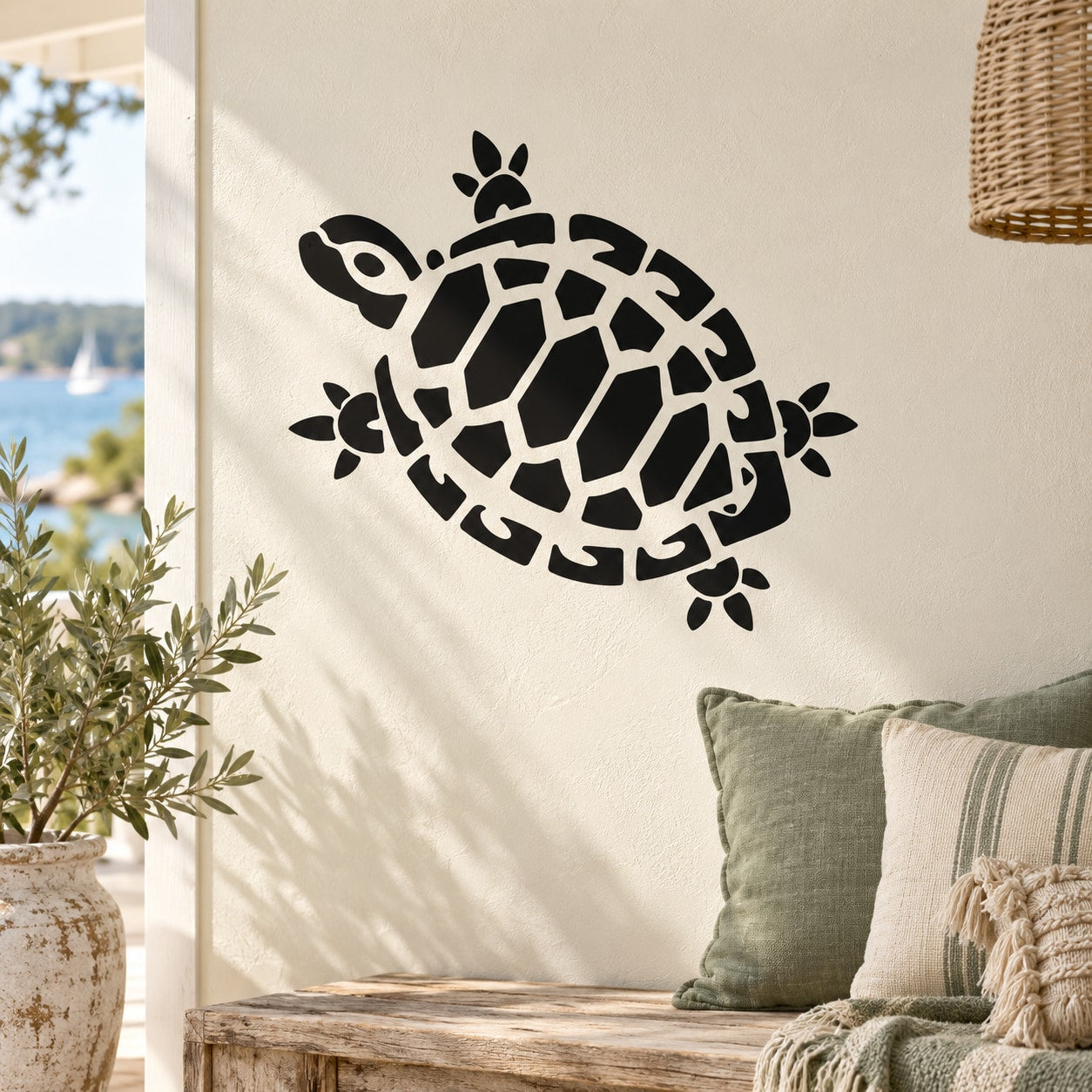 Black box turtle wall decal with patterned shell and paw prints