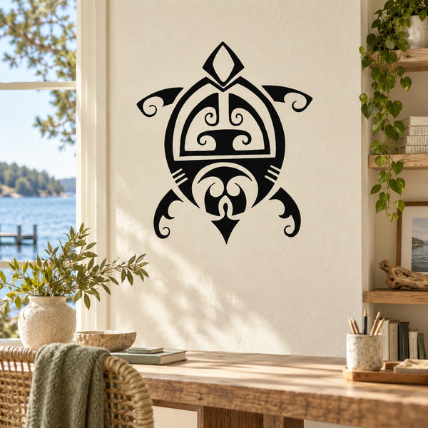 Tribal-style turtle wall decal with black ornamental emblem and central design.