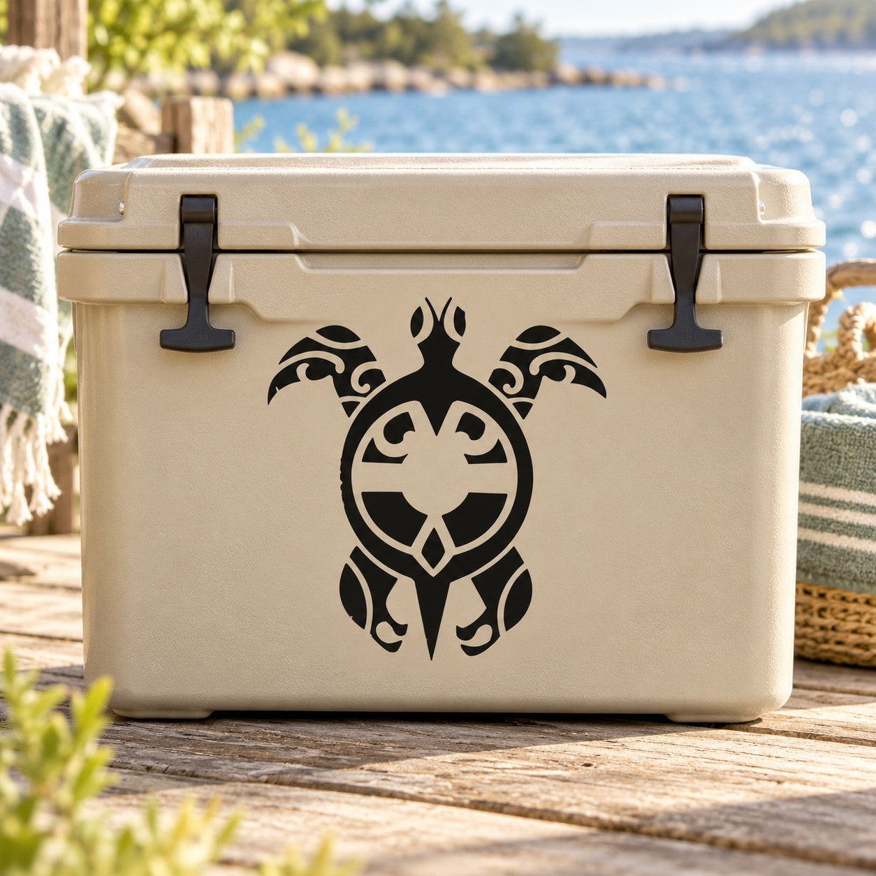 Tribal sea turtle decal on light-colored cooler with black tribal pattern