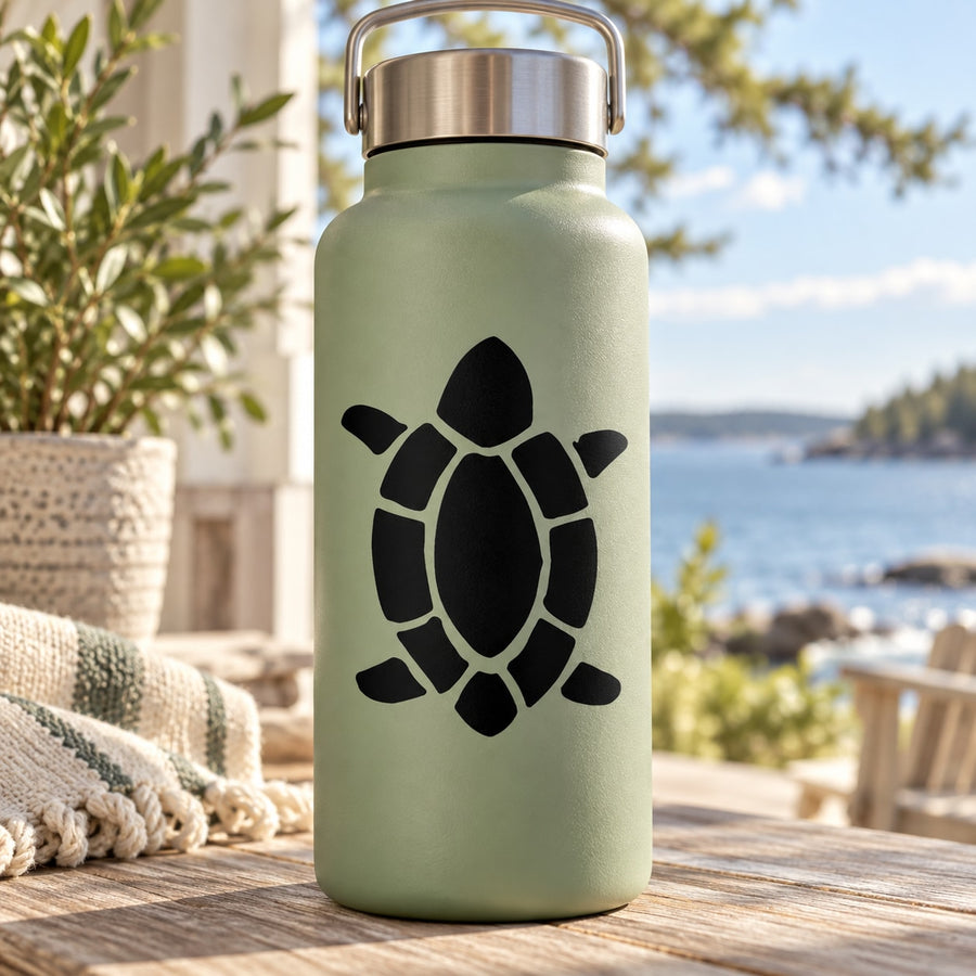 Turtle shell decal in black on light green bottle
