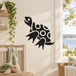 Black cartoon walking turtle decal with smiling face and shell dots
