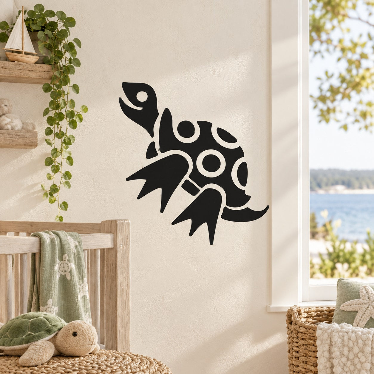 Black cartoon walking turtle decal with smiling face and shell dots