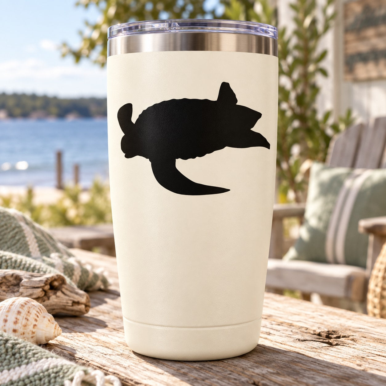 White tumbler with black floating sea turtle decal