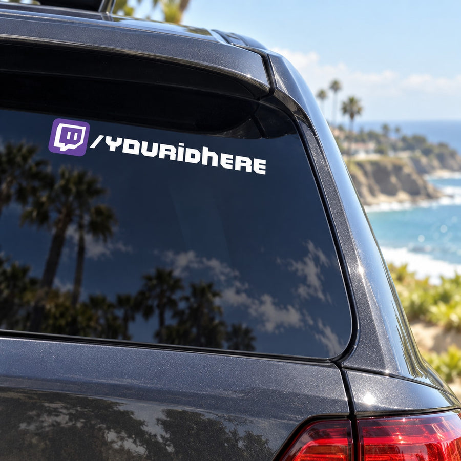 Die-cut printed logo decal on car window with purple Twitch icon and white text