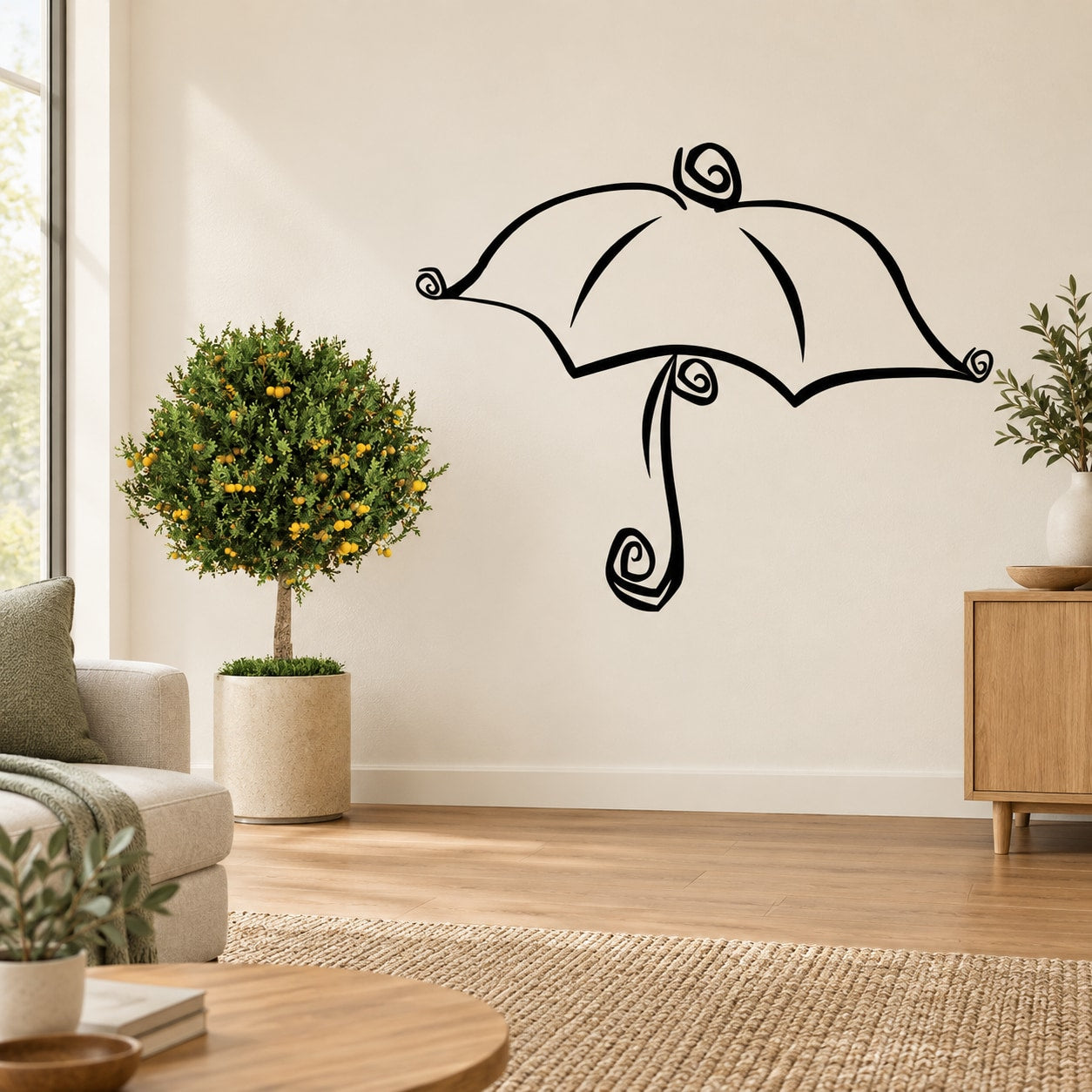Black umbrella wall decal with curled scroll details