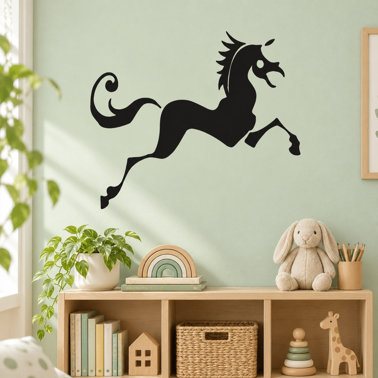 Black unicorn leaping wall decal with curled tail and mane silhouette