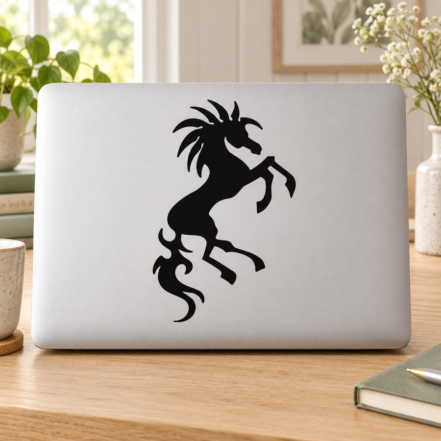 Rearing horse fire design decal sticker, black silhouette on light laptop surface