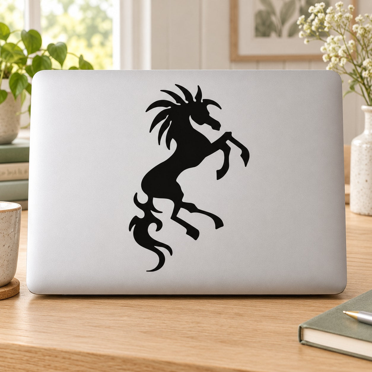 Rearing horse fire design decal sticker, black silhouette on light laptop surface