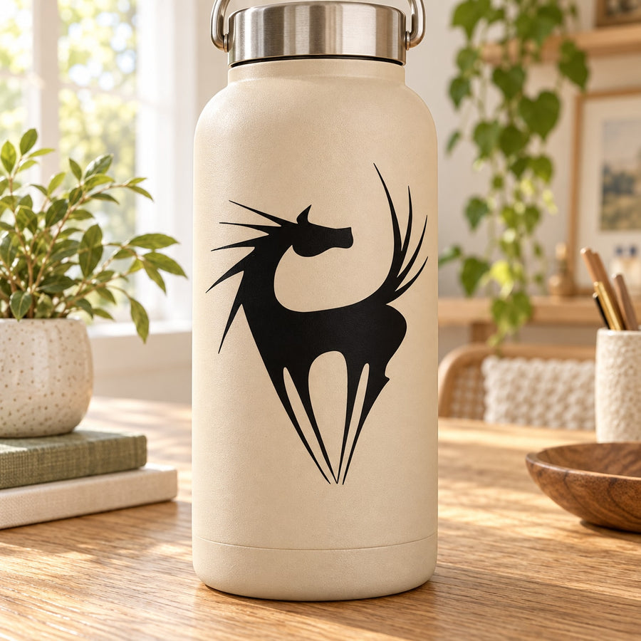 Cream water bottle with black stylized horse decal