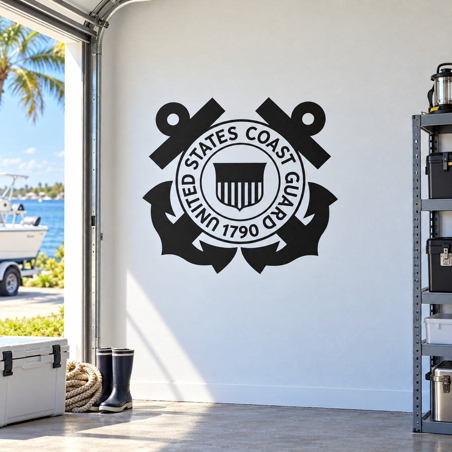 Black Coast Guard emblem decal with anchor and circular seal on white surface