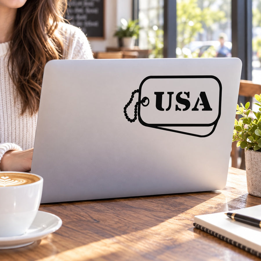 USA Dog Tag Decal — illustrative vinyl decal application mockup. Surrounding objects are not included.