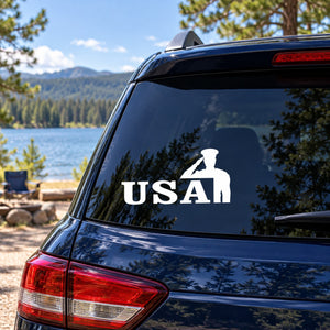 USA salute decal: soldier silhouette and 'USA' lettering on car window