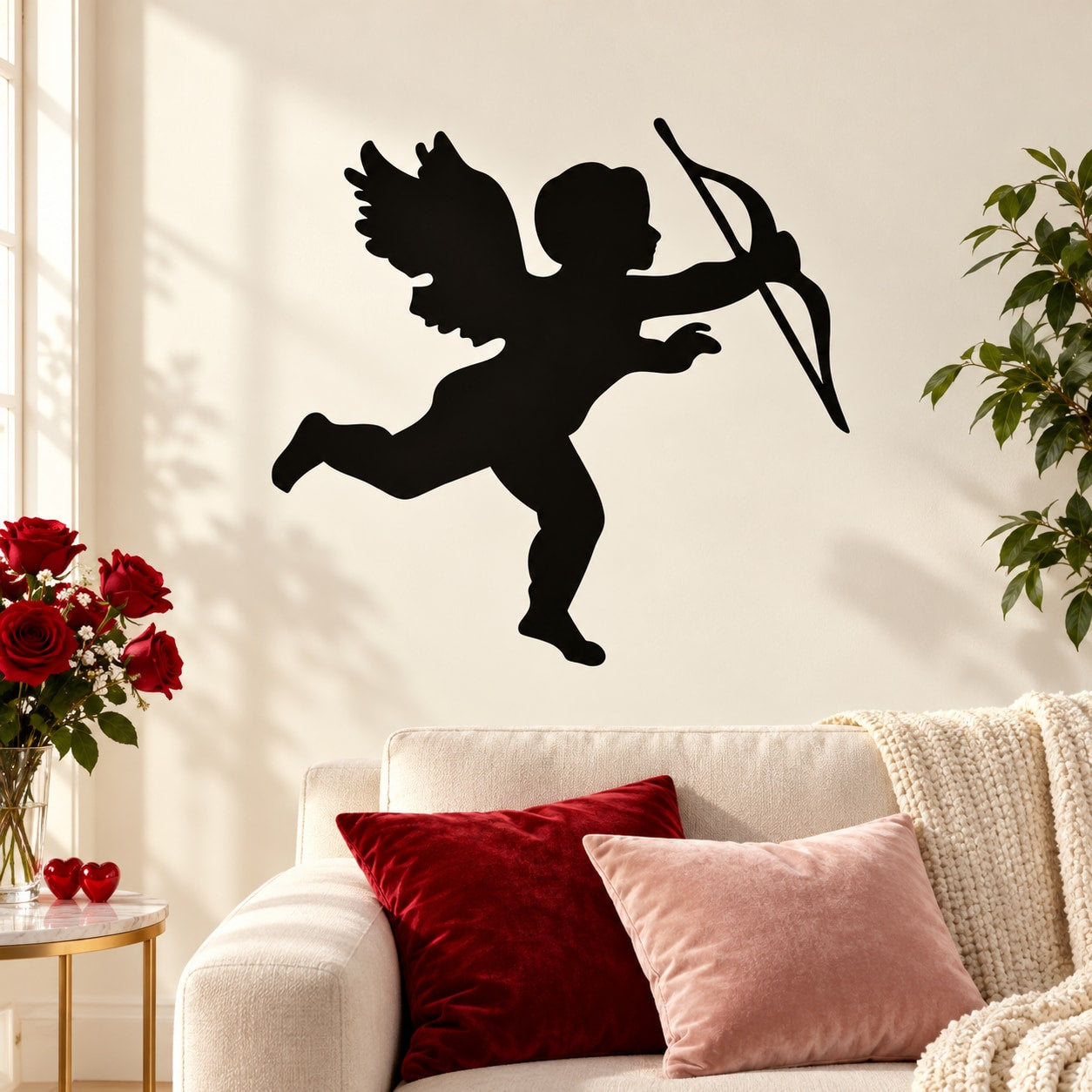 Black Cupid silhouette wall decal holding a bow and arrow