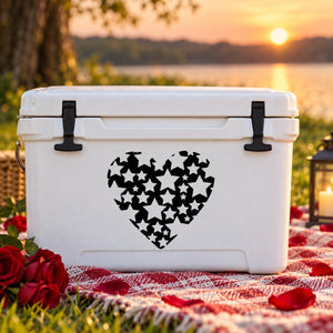 Heart with stars decal on white cooler lid, black star heart graphic