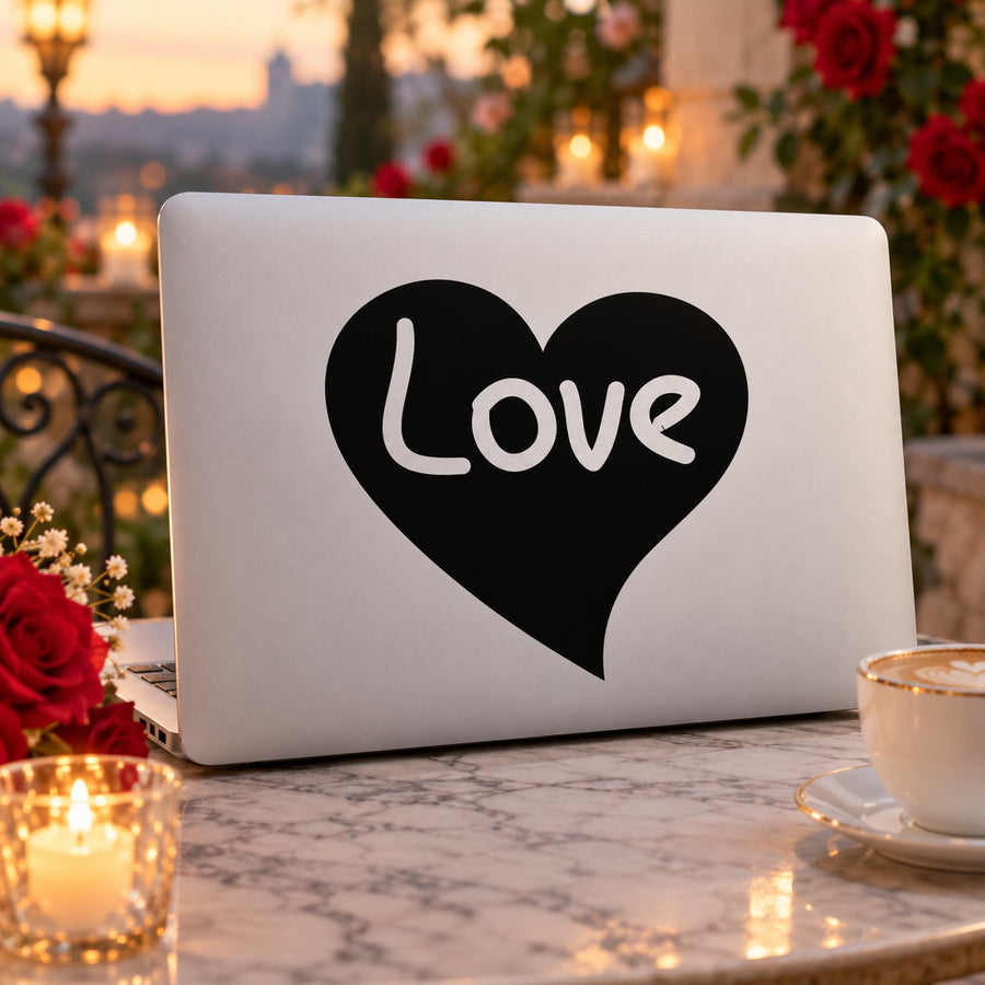 Love heart decal with black heart and white script on light background
