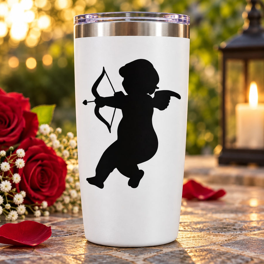 White cup tumbler with black cupid bow and arrow silhouette decal