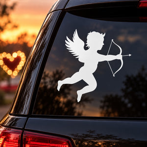 Cupid angel silhouette car decal, white graphic of winged archer holding bow
