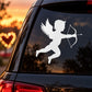 Cupid angel silhouette car decal, white graphic of winged archer holding bow