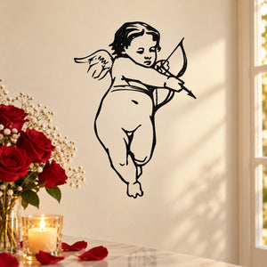 Cupid Valentine's Day wall decal in black line art, cherub with bow and arrow