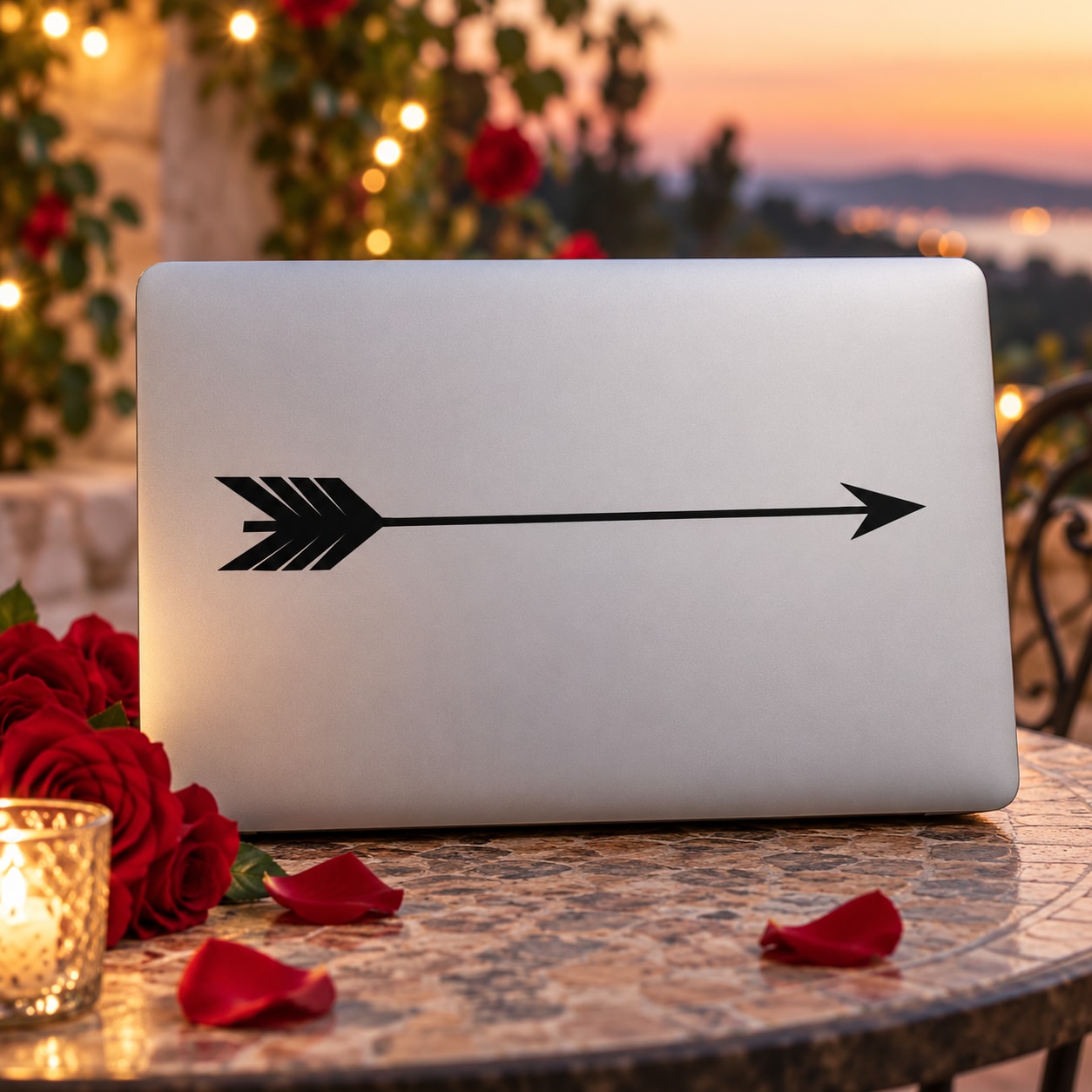 Cupid arrow decal on white rectangular backing
