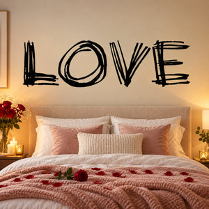 Scribbled LOVE wall decal in black, Valentine-style lettering