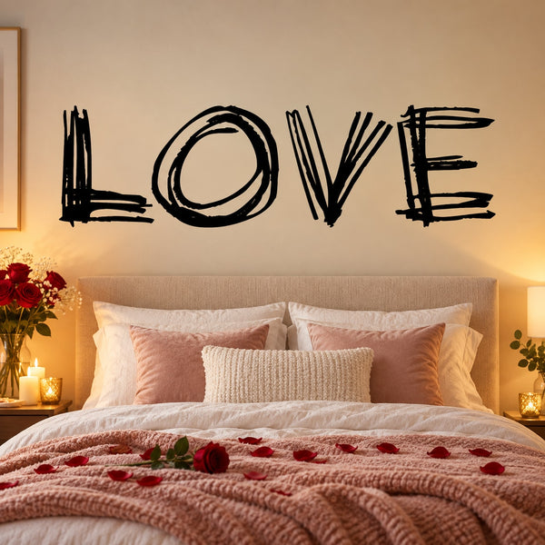 Scribbled LOVE wall decal in black, Valentine-style lettering