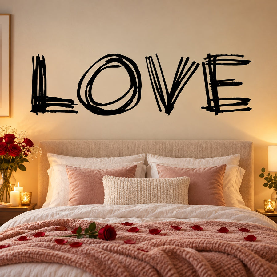 Scribbled LOVE wall decal in black, Valentine-style lettering