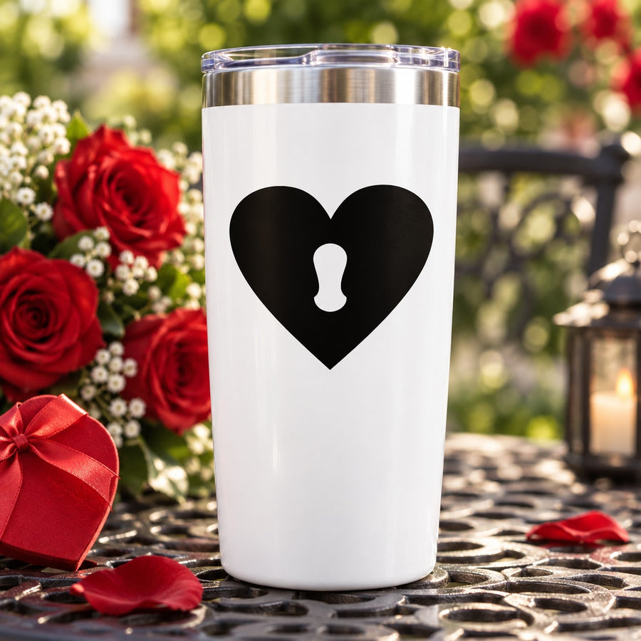 White tumbler with black heart key-lock decal