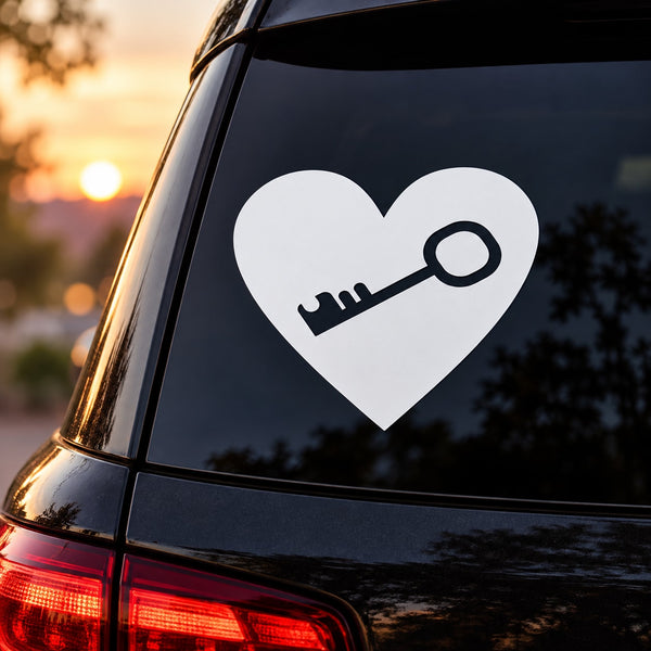 Heart-shaped key decal with white heart and key icon on dark background