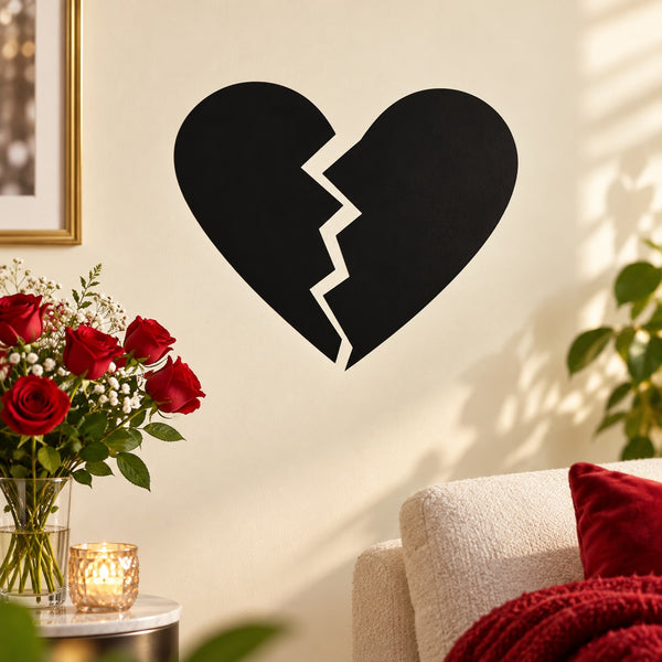 Broken heart Valentine decal with two black heart halves and a crack