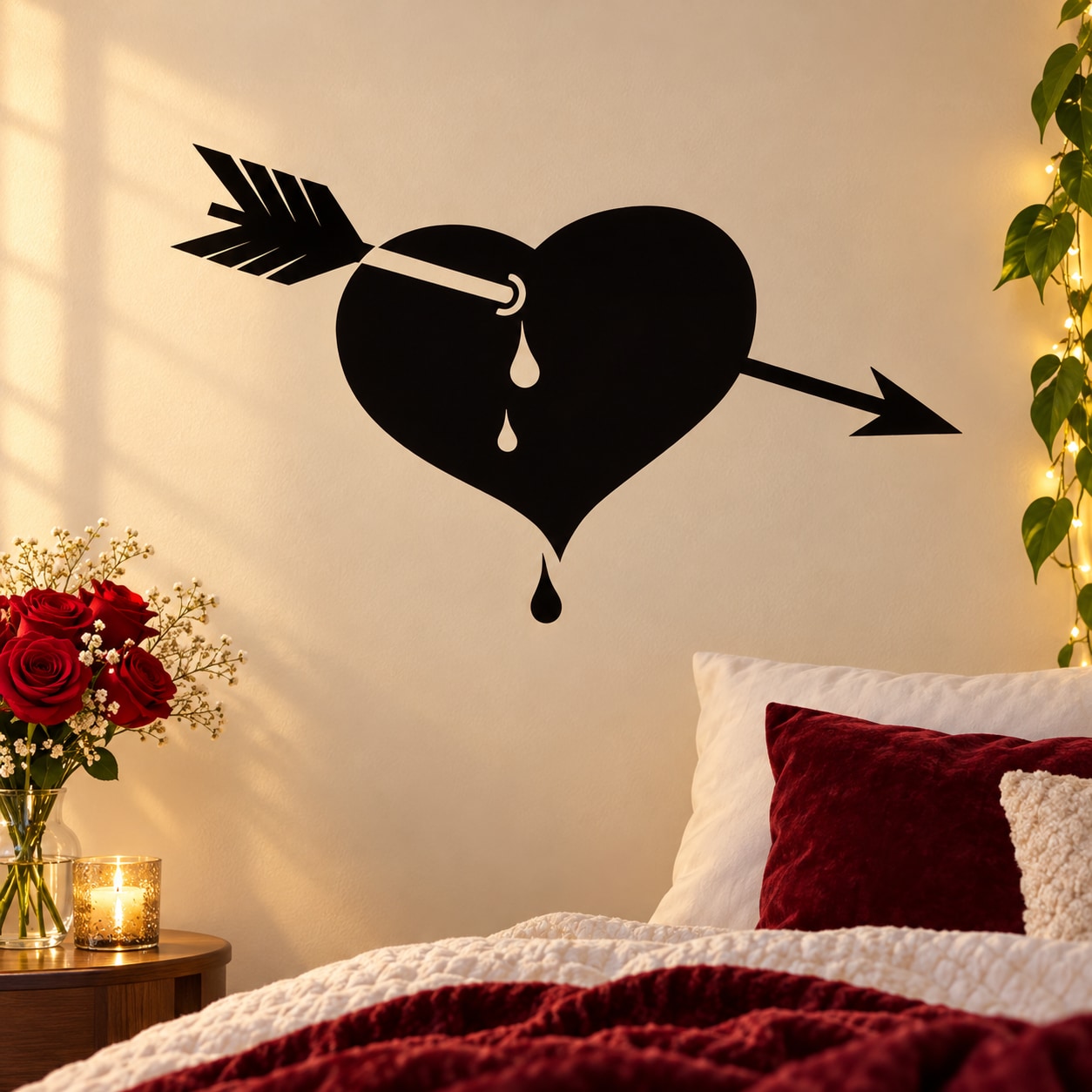 Black dripping heart and arrow decal with two arrow tips, wall sticker