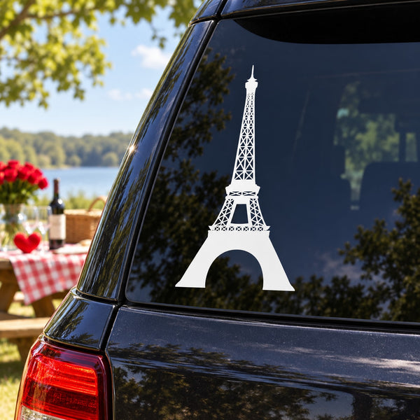 Eiffel Tower decal, white silhouette on dark car window glass