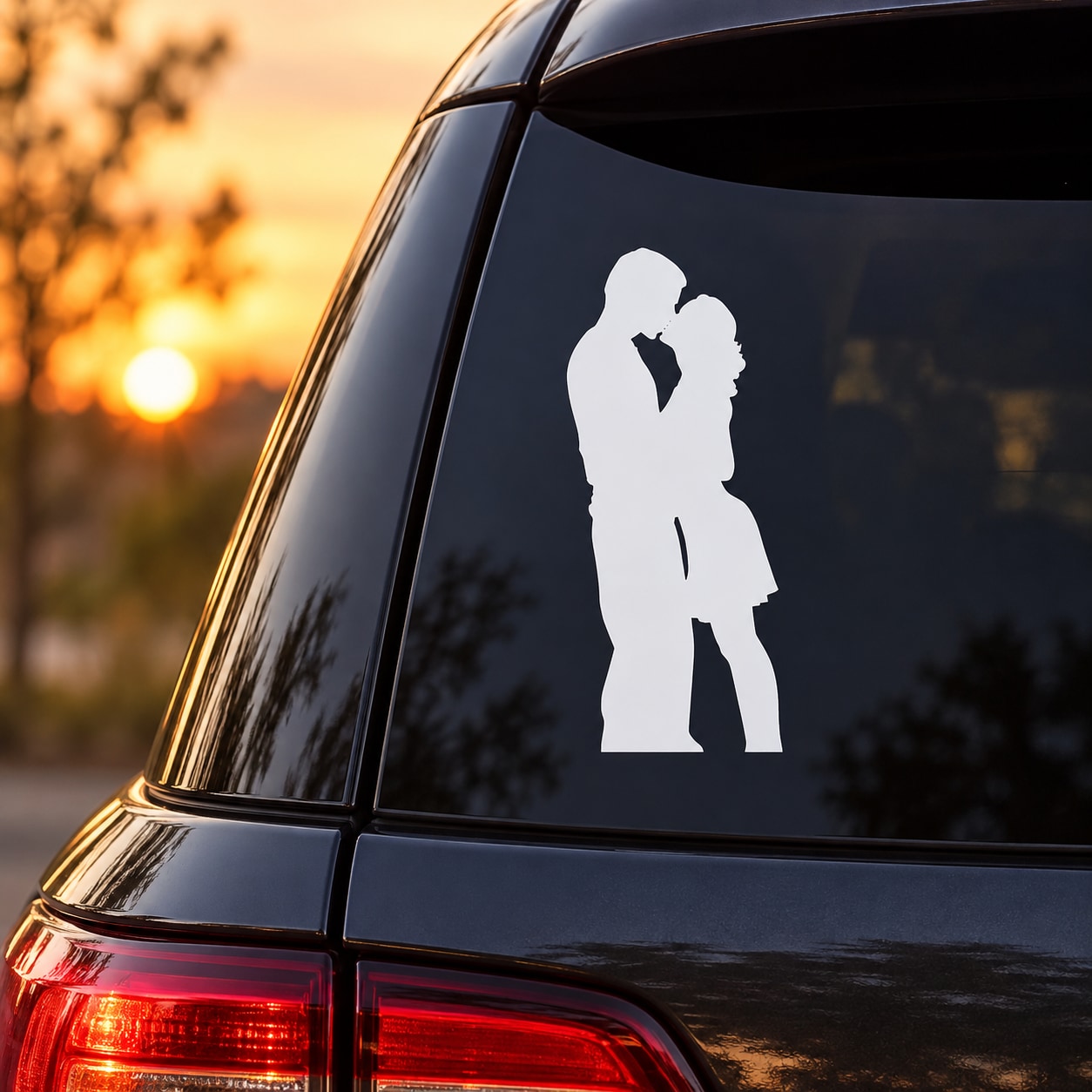 Kissing couple decal with white silhouette on car window
