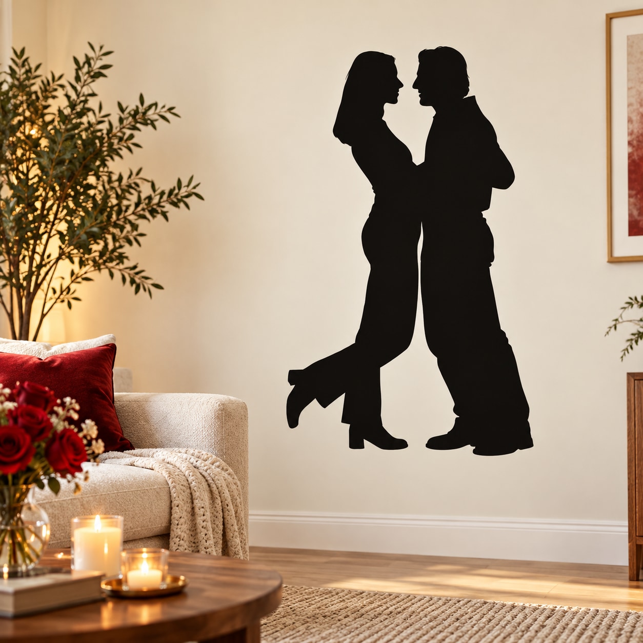 Valentine's Day lovers leaning in wall decal with two black silhouette figures facing each other