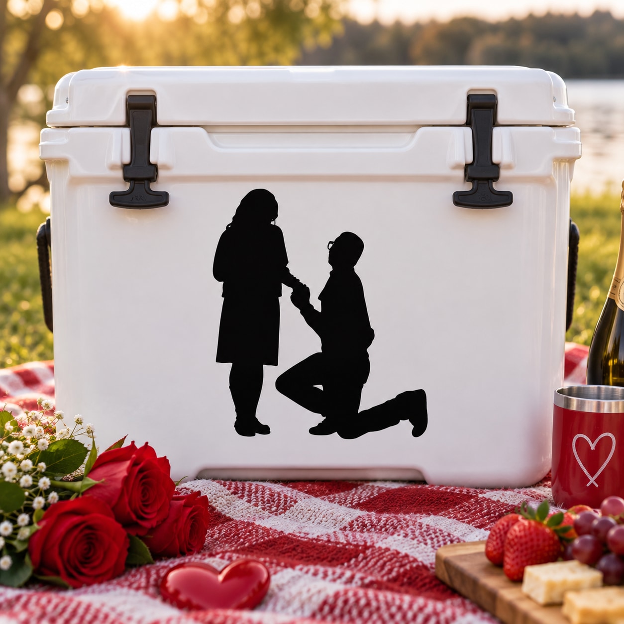Valentine proposal decal with black couple silhouette kneeling on white cooler lid