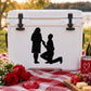Valentine proposal decal with black couple silhouette kneeling on white cooler lid
