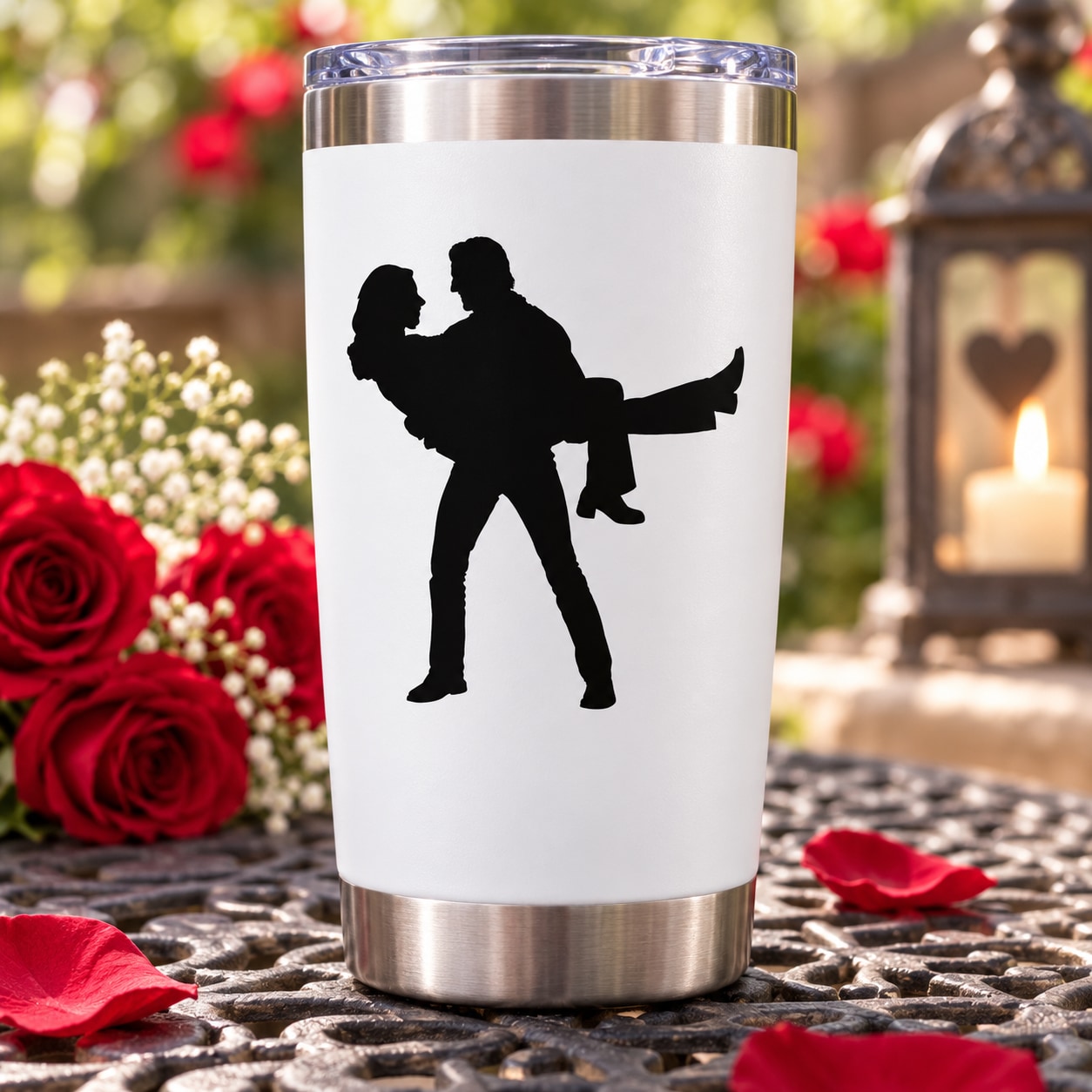 White tumbler with black silhouette lovers carrying decal