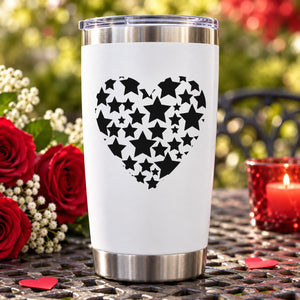 Valentine star heart decal on a white tumbler with a stainless steel lid