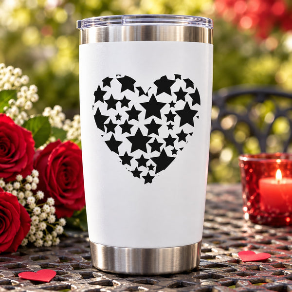Valentine star heart decal on a white tumbler with a stainless steel lid