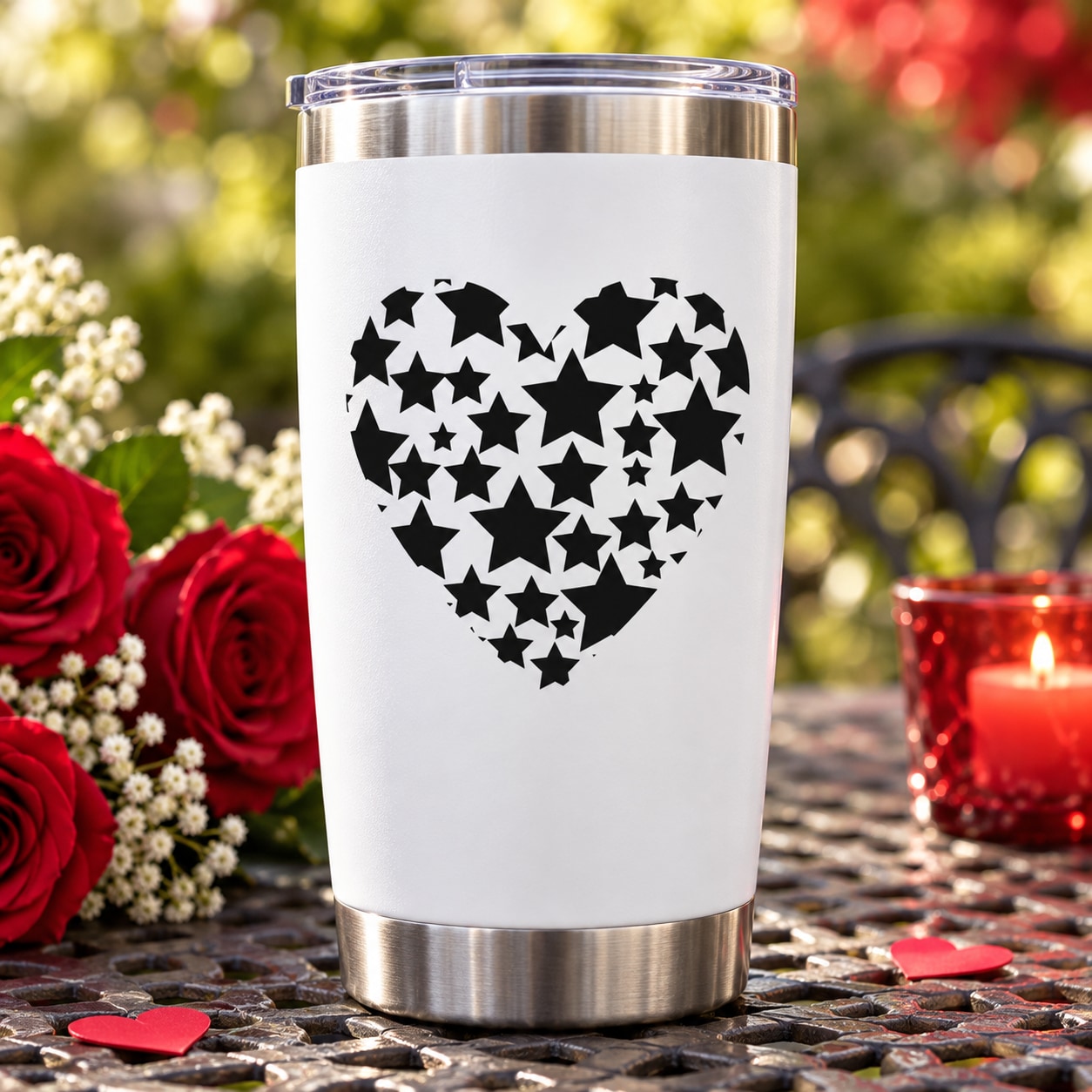 Valentine star heart decal on a white tumbler with a stainless steel lid