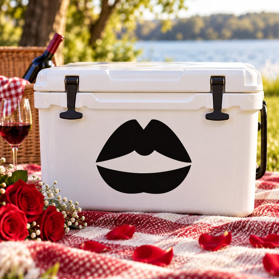 Black parted lips decal on a white cooler