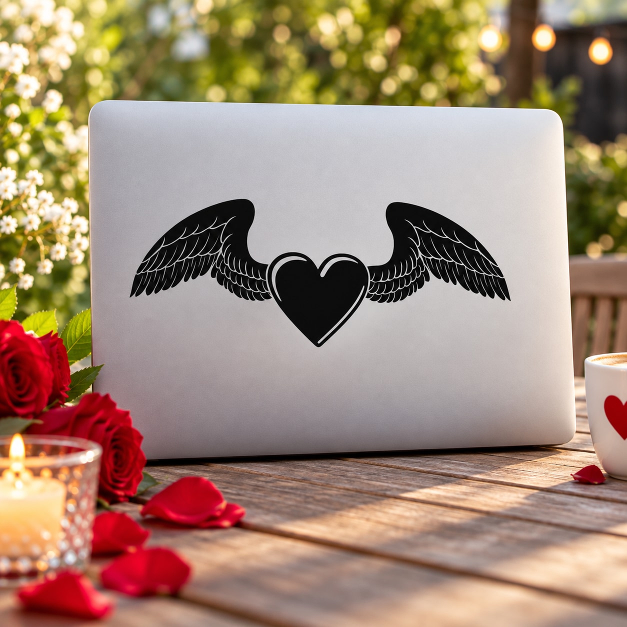Valentine heart with wings decal, black outline and small heart center